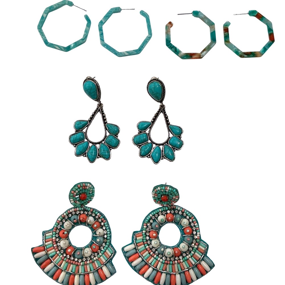 Turquoise Teal Beaded Western Faux Stone Acrylic Hexagon Earrings Set 4 Pairs